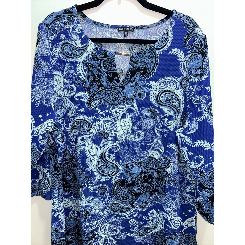 Ava & Grace 2X Women's Top Blouse Blue Black White Paisley‎ 3/4 Sleeve